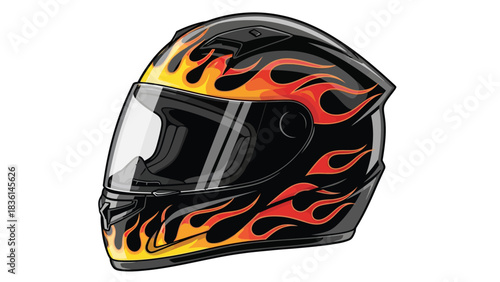 Fullface black motorcycle helmet with yellow and red flame graphics