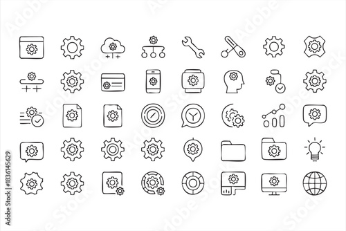 Line Art System Tools and Gear Icons for Digital Platforms
