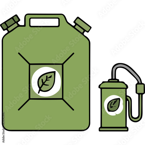 Green Jerrycan and Fuel Pump Icon Symbolizing Eco-Friendly Energy and Sustainable Fuel Concepts with Leaf Emblem on Black Background