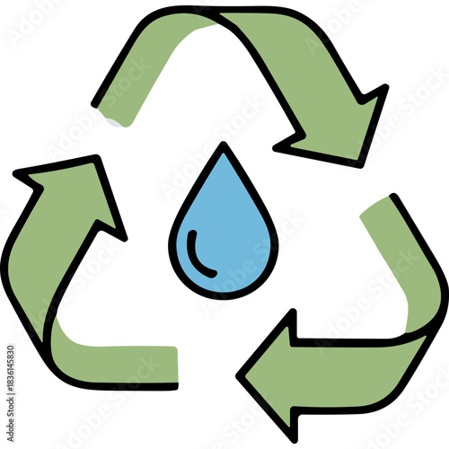 Green recycling symbol surrounding a blue water droplet on a black background representing water conservation and environmental protection