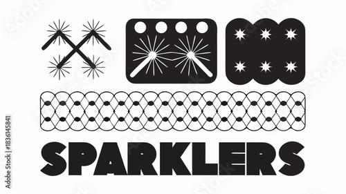 Illustration of sparklers and decorative patterns including a lattice and star shapes in black and white