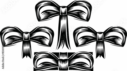 Illustration of four black and white decorative bows with detailed shading and line work design elements