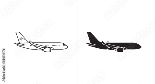Airplane icon in black and white isolated on