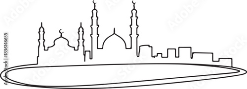 Continuous line illustration of the Cairo skyline with mosque minarets and Nile curve in a minimal elegant outline drawing