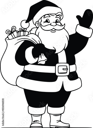 Jolly santa claus cartoon illustration with a large sack full of holiday gifts, merrily waving hello, perfect for festive seasonal designs and greetings.