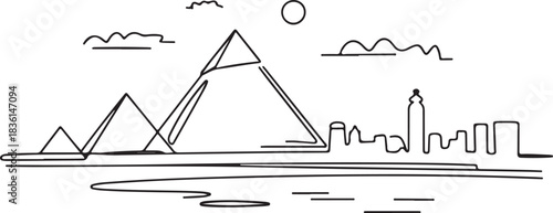 Continuous line illustration of the Cairo skyline with pyramids and the Nile in a minimal elegant outline drawing