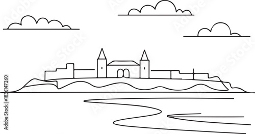 Continuous line illustration of the Cape Coast skyline with castle in a minimal elegant outline drawing