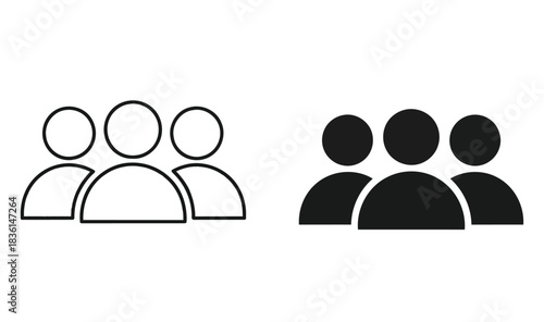 Two sets of stylized human figures, one outlined and one solid black, representing a group of people.