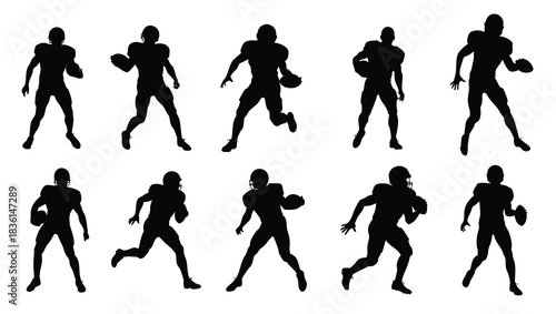 American Football Player Silhouettes Set – Running, Passing, and Holding Ball Poses