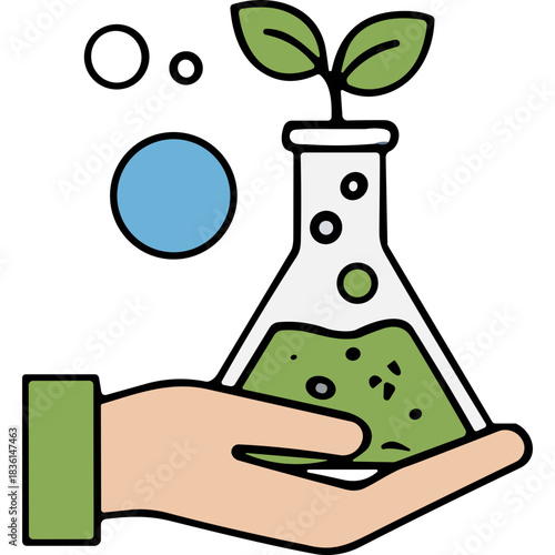 Hand Holding Flask with Green Liquid and Sprout Representing Biotechnology and Environmental Science