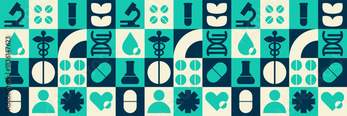 Laboratory day background with medical hospital  mosaic microscope dna and flask science pattern.