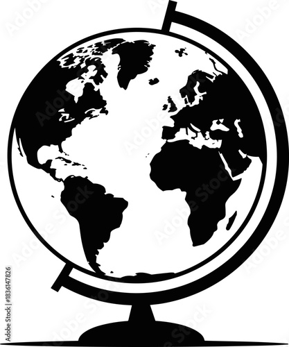 Earth Globe Icon Vector Illustration: Monochrome World Map Silhouette on a Stand, representing Geography, Travel, Education, Global Communication, Cartography, and Navigation Design Elements