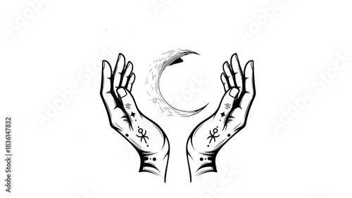 Mystical line art of two hands cupping a celestial crescent moon with magical symbols on a white background.