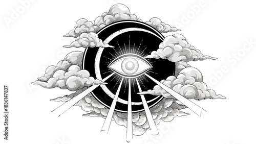 A detailed black and white illustration of an all-seeing eye radiating light rays, surrounded by clouds and a dark crescent shape.