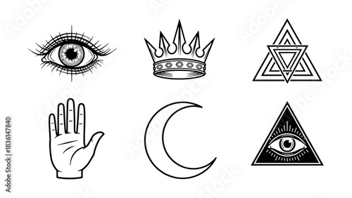 Collection of six occult symbols: eye, crown, triangles, hand, crescent moon, and all-seeing eye in a triangle.