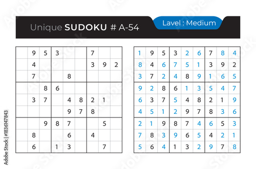 Sudoku puzzle with answer. Vector puzzle game with numbers for kids and adults. 9x9 sudoku Illustration on white background.