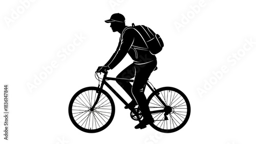 Black and white silhouette of a person riding a bicycle while wearing a backpack and cap.