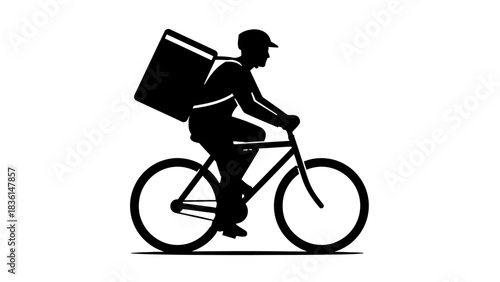 Silhouette of a delivery person riding a bicycle with a large insulated bag on their back.