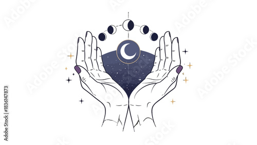 Illustration of hands holding the moon and stars with moon phases above.