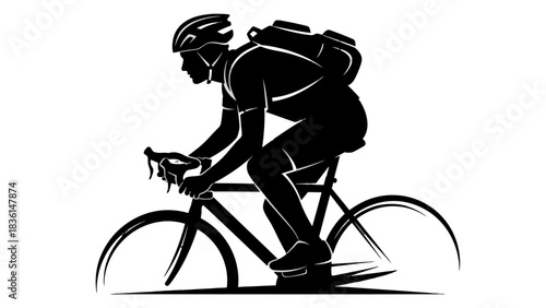 Black and white silhouette of a cyclist with a backpack riding a road bike.