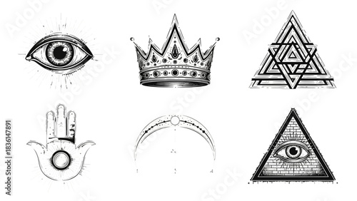 A collection of six mystical and symbolic black and white illustrations, including an eye, a crown, geometric shapes, and a hand.