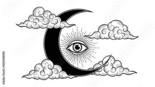 Mystical illustration of an all-seeing eye inside a black crescent moon surrounded by vintage clouds.