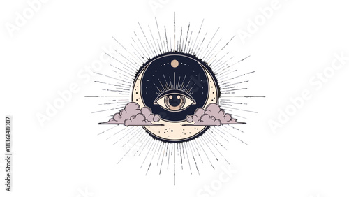 Mystical eye within a crescent moon, surrounded by clouds and radiating light, symbolizing cosmic awareness and spiritual insight.