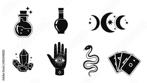 A collection of black and white mystical and occult symbols including a potion bottle, triple moon, crystals, all-seeing eye hand, snake, and tarot cards.