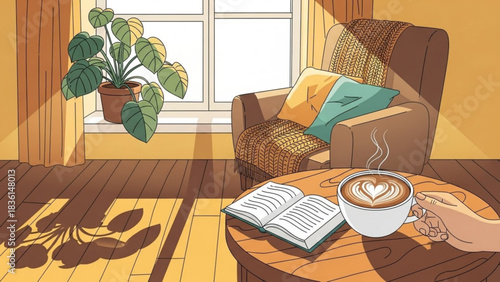Relaxing at home with coffee and a book in a cozy, sunlit corner
