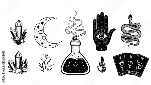 Collection of mystical and esoteric symbols, including crystals, moon, potion, hand with eye, snake, tarot cards, and plants.