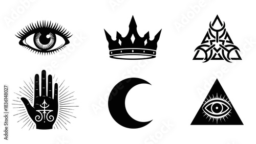 A collection of six black and white esoteric and mystical symbols including an all-seeing eye, crown, crescent moon, and hamsa hand.