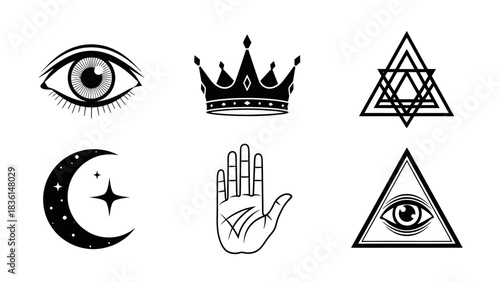 A collection of six distinct black and white symbolic icons, including an eye, a crown, interlocking triangles, a crescent moon with a star, a palmistry hand, and an all-seeing eye within a triangle.