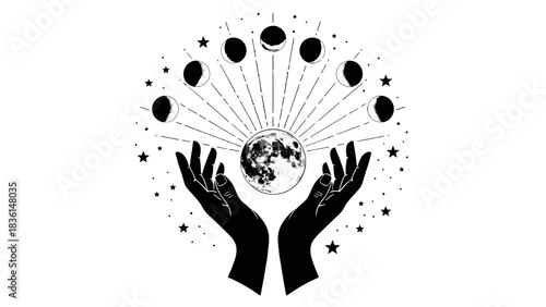 Mystical hands holding a full moon surrounded by moon phases and stars, celestial illustration.