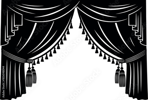 Elegant black stage curtain with decorative tassels and drapes