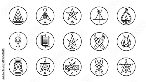 A collection of fifteen modern, minimalist esoteric symbols and alchemical sigils in circular icons.