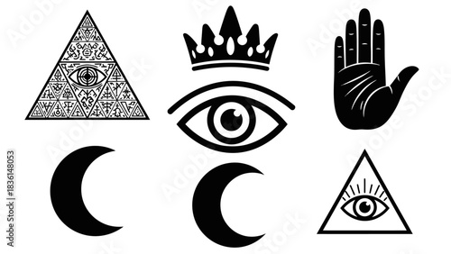 A collection of mystical and esoteric symbols including the Eye of Providence, crescent moons, and a crown.
