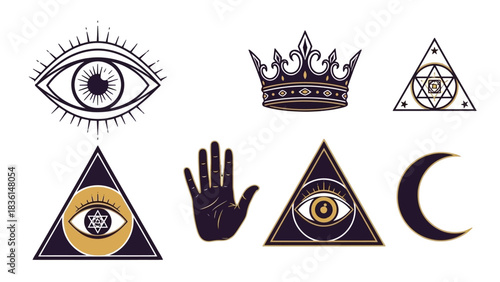 A collection of mystical and esoteric symbols including the all-seeing eye, Eye of Providence, crown, hand, crescent moon, and sacred geometry.