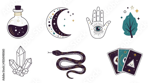 A collection of mystical and occult symbols including a potion bottle, crescent moon, hamsa hand, leaf, crystals, snake, and tarot cards.