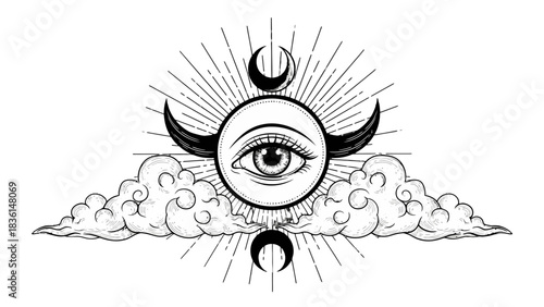 Mystical eye with horns, crescent moons, clouds, and radiating lines in a detailed black and white illustration.