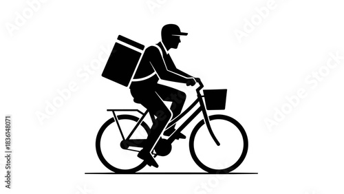 A silhouette of a food delivery courier riding a bicycle with a large thermal backpack for shipping.