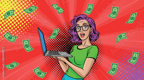 Beautiful woman with a laptop and falling money in pop art retro style