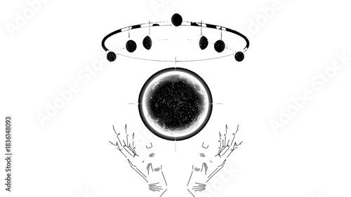 Black and white illustration of skeletal hands holding a dark cosmic orb with a celestial ring above.