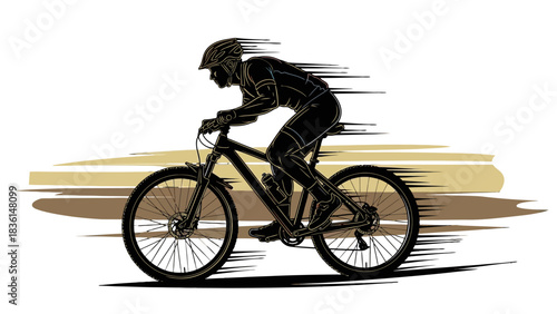 Silhouette of a mountain biker in motion, with speed lines indicating rapid movement across a textured background.