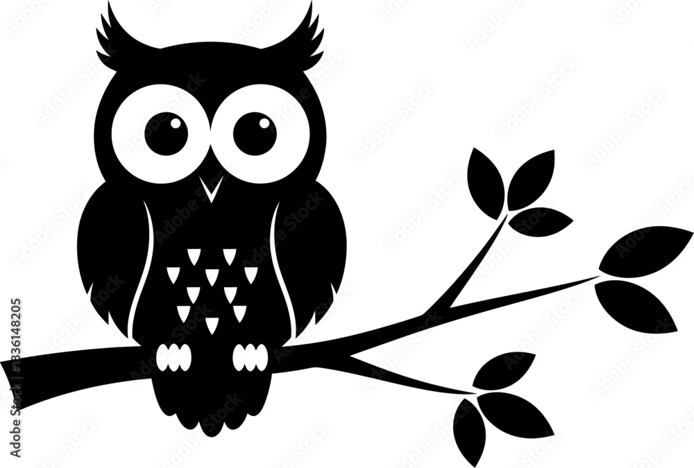 Fototapeta premium Stylized black owl silhouette on a tree branch, vector graphic
