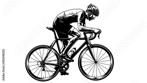 A black and white illustration of a cyclist in a racing position on a road bike.