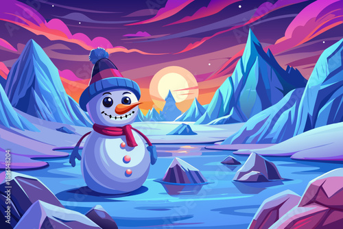 snowman stands on bright icy terrain near glaciers and snowy hills in Iceland, creating a striking Christmas winter scene with dramatic frozen beauty