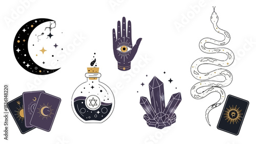 Mystical illustration featuring a crescent moon, tarot cards, potion bottle, hand, crystals, and snake.