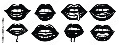 Black Lips With Dripping Liquid And Teeth Mouths white