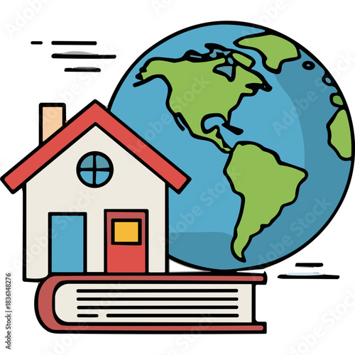 Illustration of a House and Globe on a Book symbolizing Education and Global Knowledge Acquisition