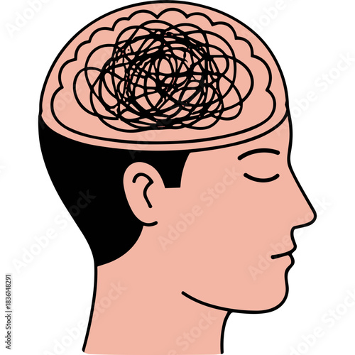 Illustration of a human head profile with a tangled mess of lines inside the brain representing mental confusion distress or stress on a plain background